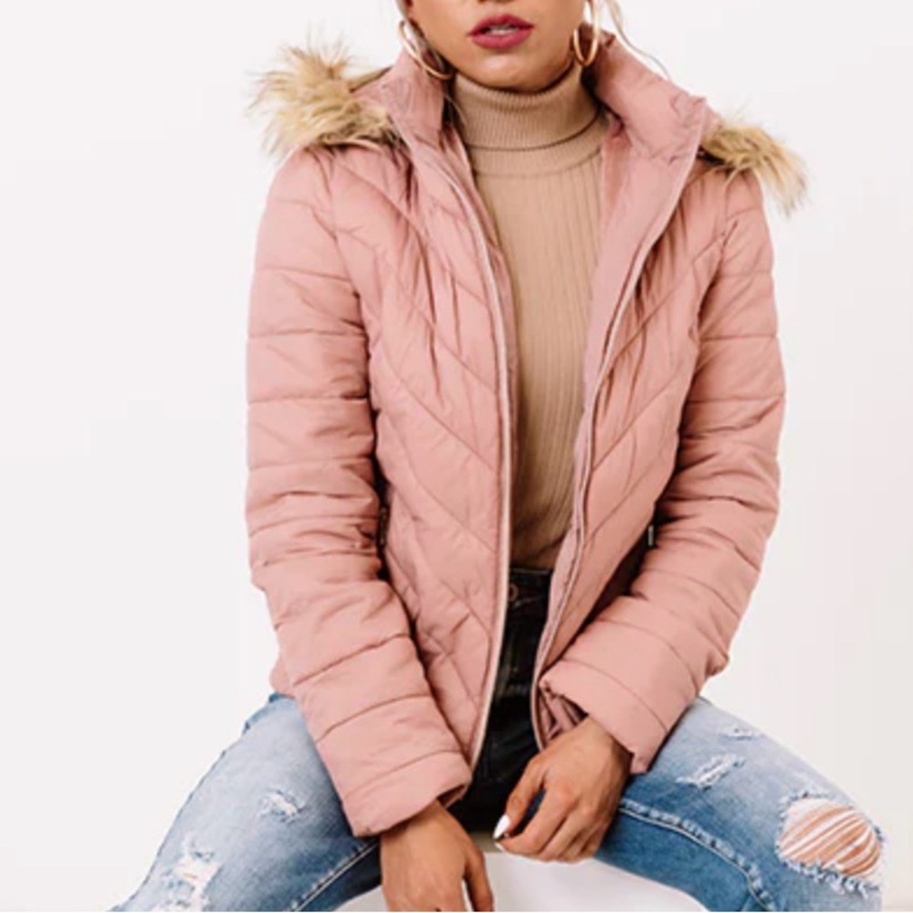 Impressions Pink Quilted Puffer Jacket Faux Fur Hood Small NWOT